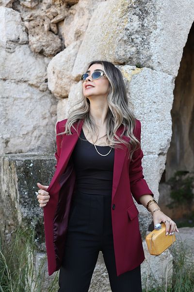 bytugcekaya Burgundy Single Button Blazer