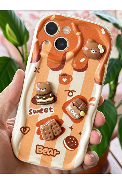 Fibaks İphone 13 Kılıf Tasarımlı Desenli Kamera Korumalı Ayıcık Bisküvi Renkli Cofffe Silikon Kapak