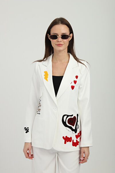 Milamia Nakışlı Beyaz Blazer Ceket