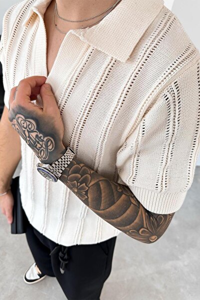 HAFKAGİYİM Εκρού Ριγέ Πλεκτό Χαλαρό Τρίκο Polo Γιακά Φανέλα