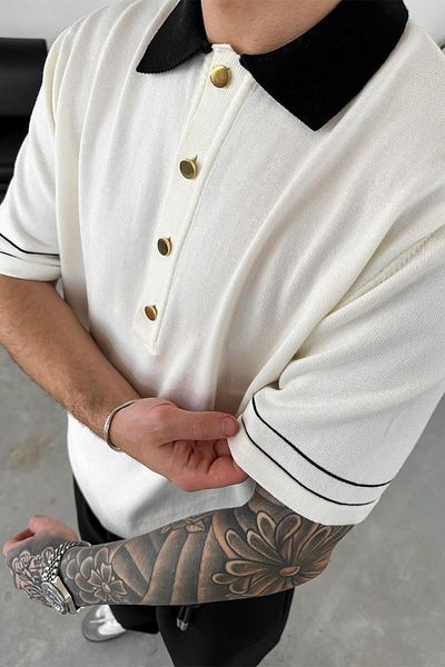 HAFKAGİYİM Μπλουζάκι Ecru Elegance Contrast Relaxed Polo Neck