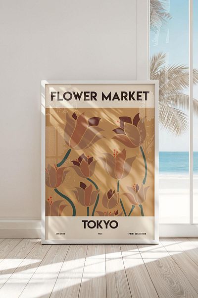 Buka Shops Tablou premium „Flower Market Tokyo” în rame: Pictură în rame estetică Minimalist Flower Market