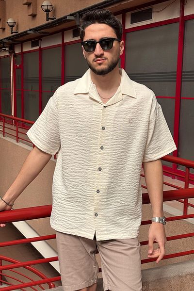 inpool Ανδρικό, Oversize, Απασικός γιακάς, Μείγμα λιναριού, Υφαντό, Πουκάμισο Seersucker G13
