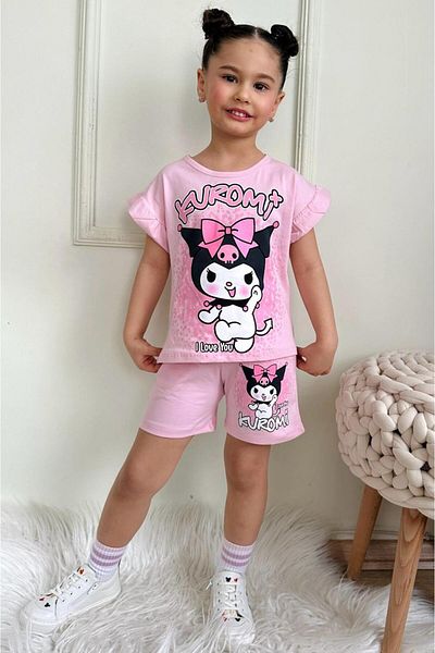 LİLLYPİCCA Cute Cat Patterned Girl's Shorts Suit with Pockets