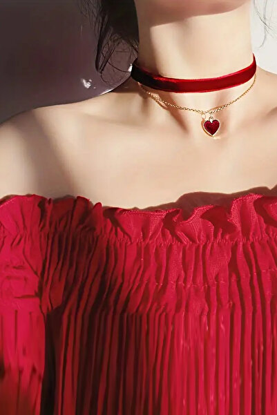 ZEYZON Çift Katmanlı Kalpli Kadife ve Zincirli Choker Kolye