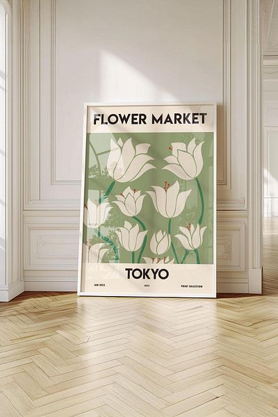 Buka Shops Pictură premium „Piața florilor din Tokyo” în tonuri verzi cu cadru: estetică botanică minimalistă