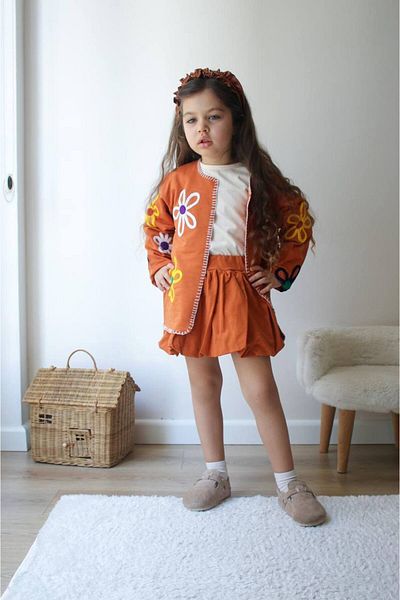 Karan Kids Girl's Motif Detailed Cardigan and Balloon Skirt Set