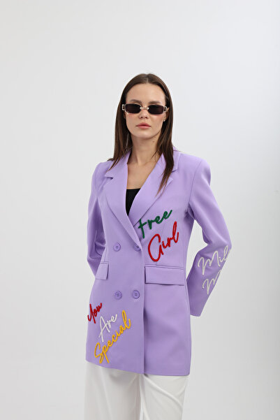 Milamia Arka Bel Kısmı Düğmeli Nakışlı Kruvaze Lila Ceket