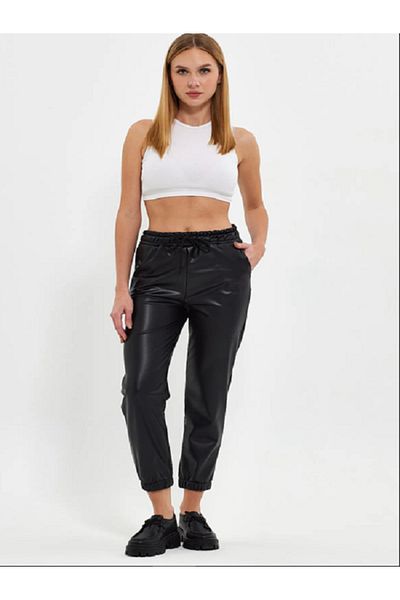 VERA LİFE Elasticized Belt and Legs with Shardon Inside / Polar Fleece with Laces Matte Leather Jogger Pants