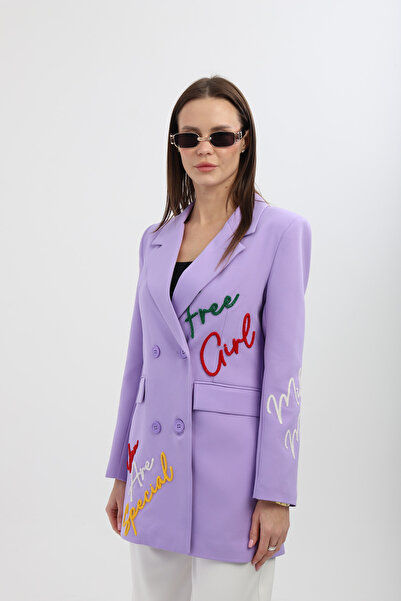 Milamia Arka Bel Kısmı Düğmeli Nakışlı Kruvaze Lila Ceket