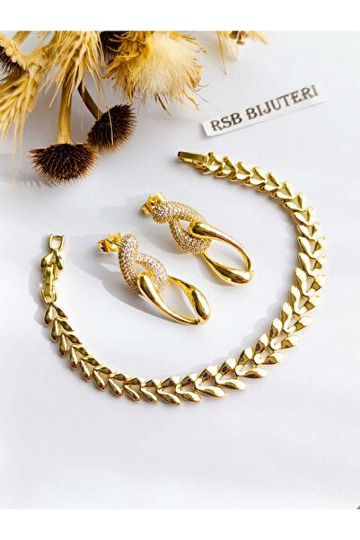 RSB Bijuteri Küpe Sallantılı Zirkon Taş ve Bileklik XUPINGG  Altın Kaplama 316 L Çelik 2'li Set + Hediye Paket
