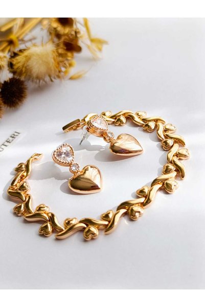 RSB Bijuteri Küpe Sallantılı Kalp Taşlı ve Bileklik Kalp LUXE Seri Gold/Rose ...