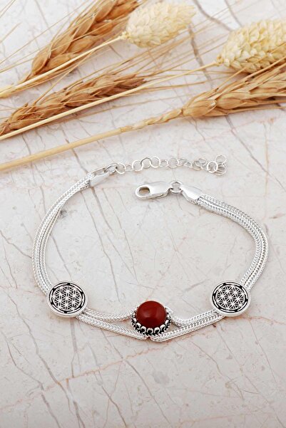 Sümer Telkari Midyat Hasırı Akik Taşlı Yaşam Çiçeği Gümüş Bileklik 4791