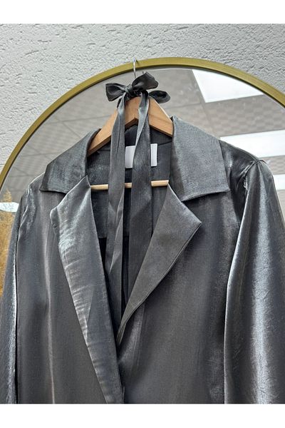 Ebrar Store Evla Balloon Sleeve Shiny Fabric Jacket-Eu2482 Gray