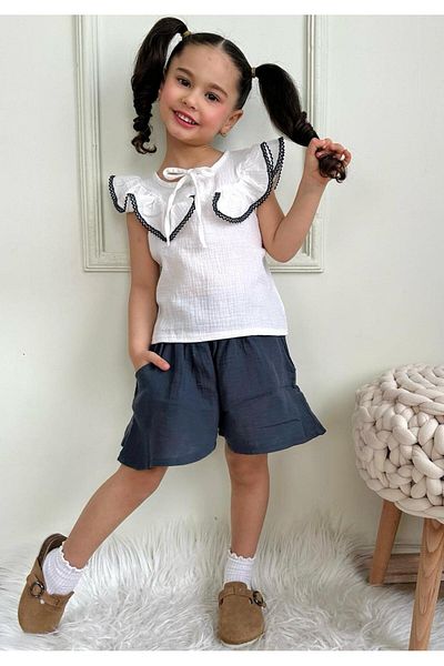 LİLLYPİCCA Girl's Muslin Fabric Ruffle Collar Detailed Pocket Shorts Combination Set