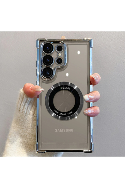 Choice جراب شفاف مغناطيسي فاخر مطلي باللون الفضي لهاتف Galaxy S24 Ultra، متوا...