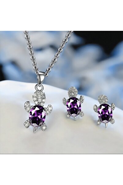 Choice طقم أقراط وقلادة مطلية بالفضة مكون من 3 قطع بنفسجي للسيدات، بتصميم أني...