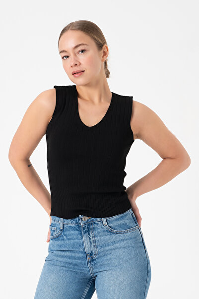 Merry Rise Bluză neagră de tricotaj pentru femei cu decolteu în V