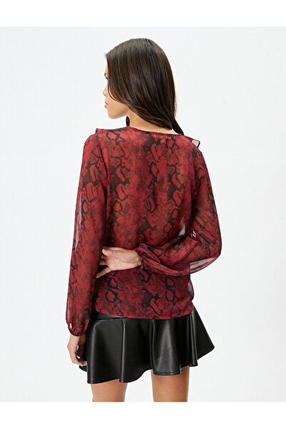 Koton Chiffon Transparent Shirt Balloon Sleeves V-Neck Ruffles