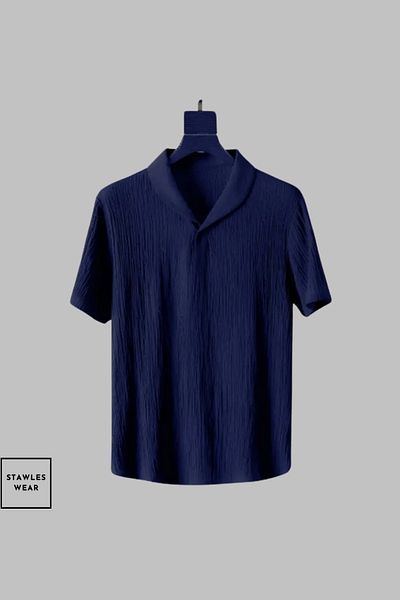 stawles wear White - Navy Blue Crinkle Fabric Summer Lycra Women's Men's Short Sleeve T-Shirt Tracksuit Set