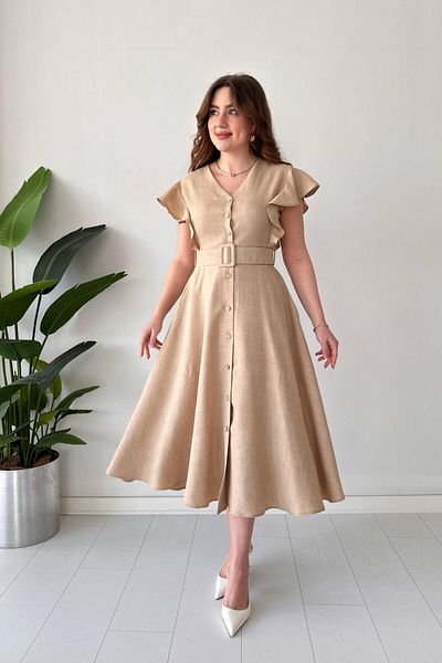MaziButik Rochie cămașă cu volan bej