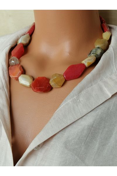 LemaStone Natural Stone Necklace; Designed with Aa Quality Agate and Rutile Quartz Stones.