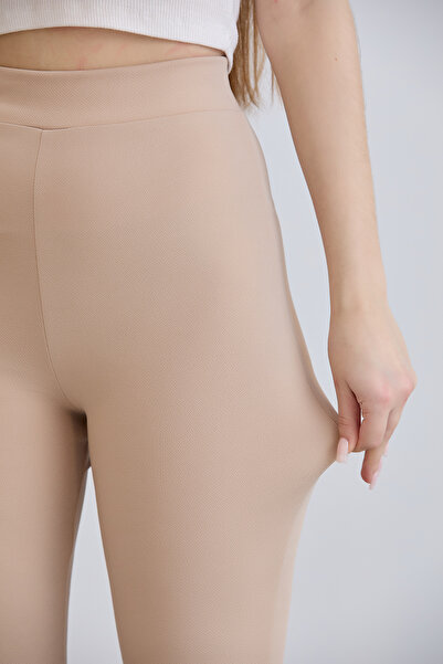 Alos Kadın Bej Krep İspanyol Paça Yüksek Bel Likralı Pantolon Tayt