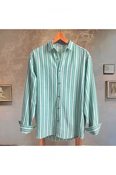 Hazhers Ανδρικό Oversize Πουκάμισο με Γιακά από Λινό, Μακρύ Μανίκι, Καλοκαιρινό Πουκάμισο