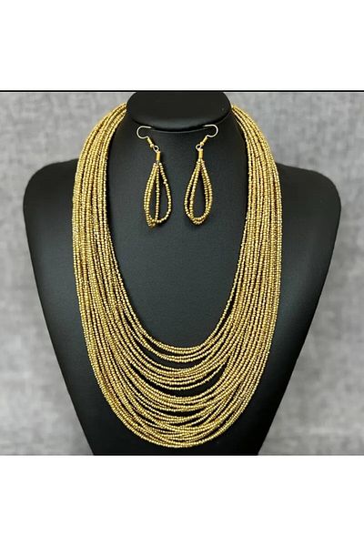 Enanice Multilayer Golden Beads Necklace Earring Set