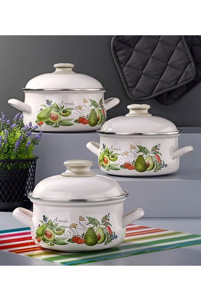 Bonera Enamel 6 Piece Cream Set with Enamel Lid - Avocado Decor