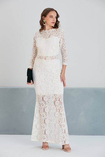 MAMAYAGA Women's Maxi Length Laced Lace Three Quarter Sleeve Stylish Evening Evening Dress Plus Size Wedding Dress