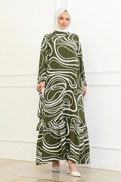 Neva Style Φόρεμα βισκόζης με χακί χρώματος ρίγες