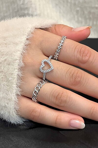 TREND COLLECTİON Zircon Stone Silver Adjustable Heart, Chain, Leaf Crown 3-Pi...