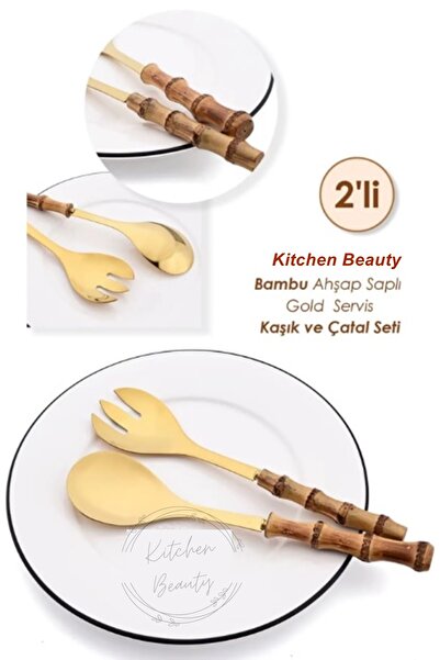 Kitchen Beauty Bambu Ahşap Saplı Gold Detaylı Kaşık ve Çatal Seti Çelik Salat...