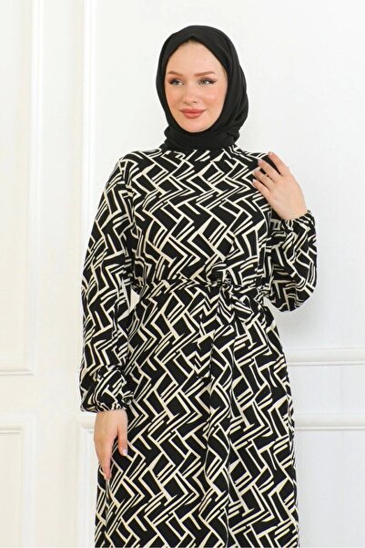 Neva Style Black/Cream Line Patterned Dress