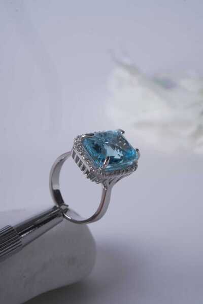 Aksesuaring Mozanit&Aquamarine Taşlı Gümüş Yüzük