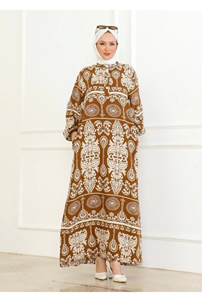 Neva Style Кафява рокля от вискоза с шарки