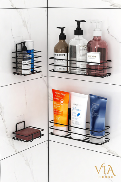 VİE HOUSE Yapışkanlı Siyah 4’Lü Banyo seti Şampuanlık Banyo Rafı Katı Sabunlu...