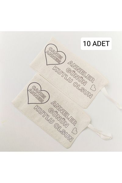 ORGANİZASYON HEDİYEM 10 Pieces Mother's Day Gift Raw Cloth Painted Makeup Bag - Corporate Gift