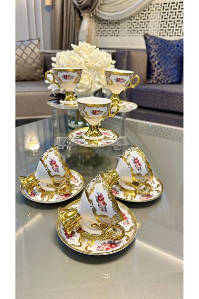 Vakıf home Acar Galina 6 Kişilik Güllü Ayaklı Porselen Kahve Fincan Takımı