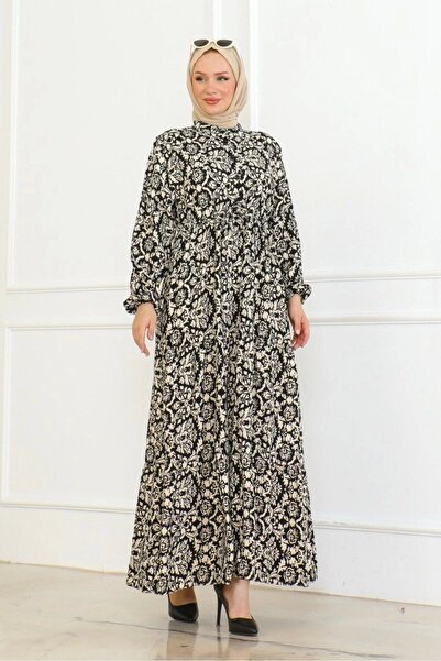 Neva Style Viskon Elbise Bağlamalı - Siyah/krem