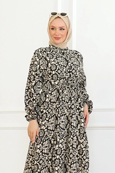 Neva Style Viskon Elbise Bağlamalı - Siyah/krem