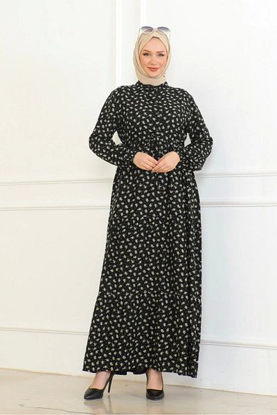 Neva Style Khaki Color Rose Patterned Viscose Dress