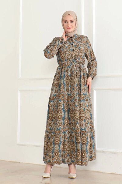 Neva Style Authentic Pattern Viscose Dress - Tan