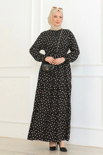 Neva Style Brown Rose Patterned Viscose Dress