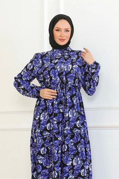Neva Style Purple Viscose Dress - Floral Pattern and Tie-Up
