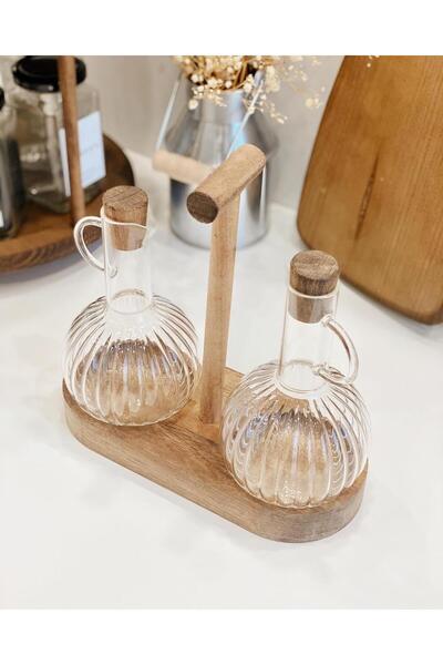 CeysimAVM Stylishly Designed 2-Piece Glass Oil Pot Set with Stand 3 Pieces