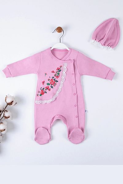 DEFNADA 100% Cotton Baby Girl Jumpsuit with Flower Embroidered Hat