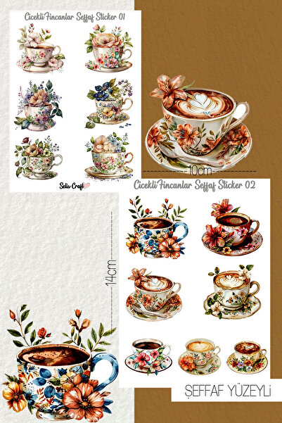 SelisCraft Çiçekli Fincanlar Temalı Şeffaf Sticker Seti 01-02 Ajanda Planlayı...