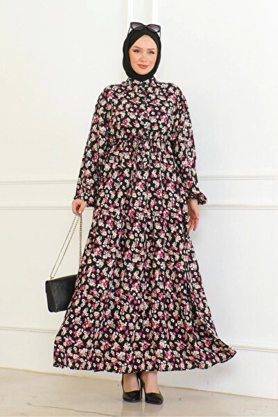 Neva Style Çiçek Desenli Bağlamalı Viskon Kumaş Elbise - Gül Kurusu